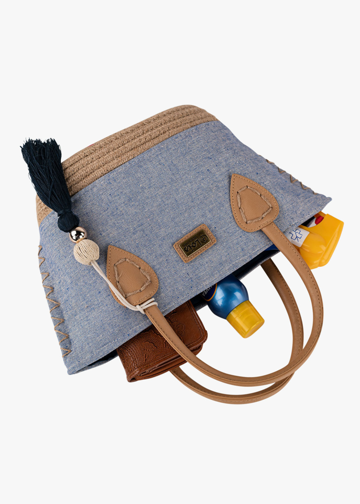 Bolso Playa pequeño lona detalle borla azul