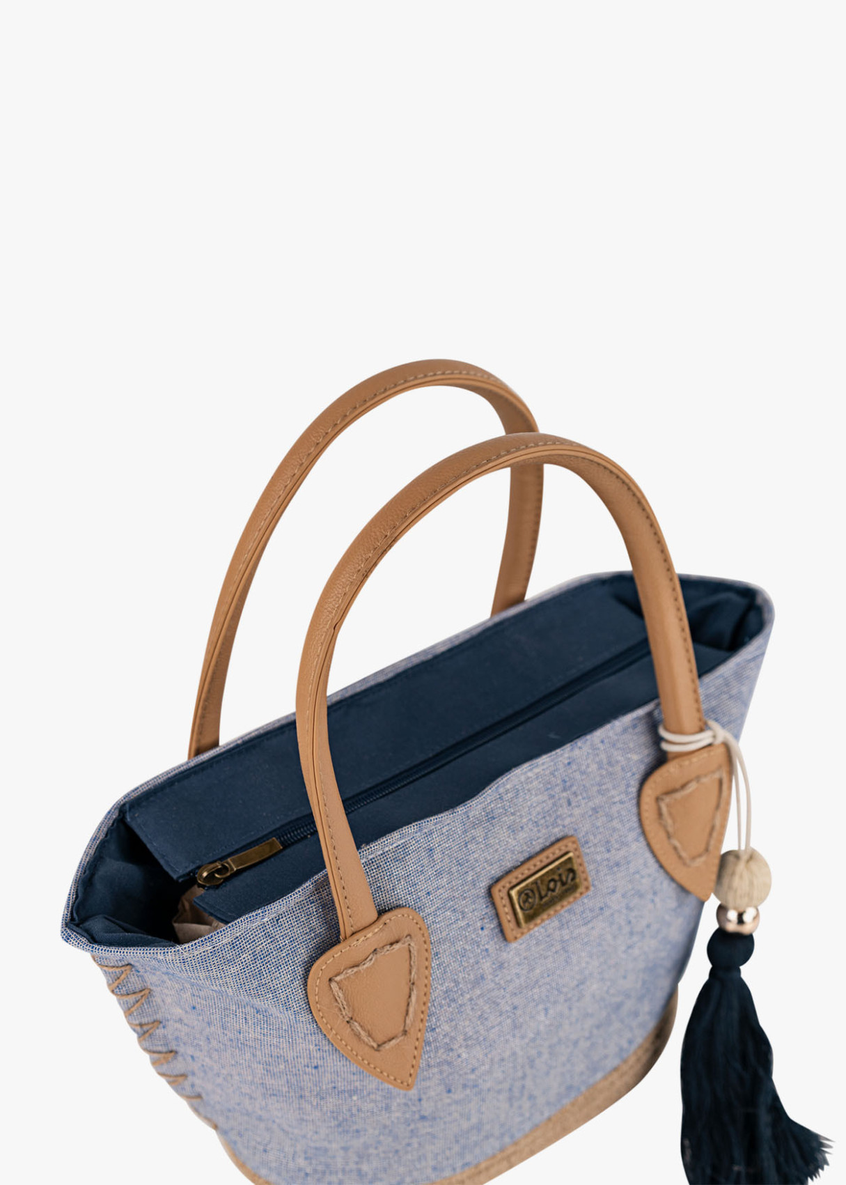Bolso Playa pequeño lona detalle borla azul