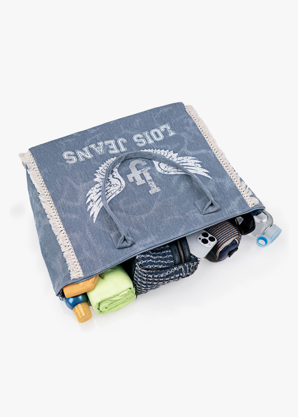 Bolso playa detalle flecos con alas ángel azul