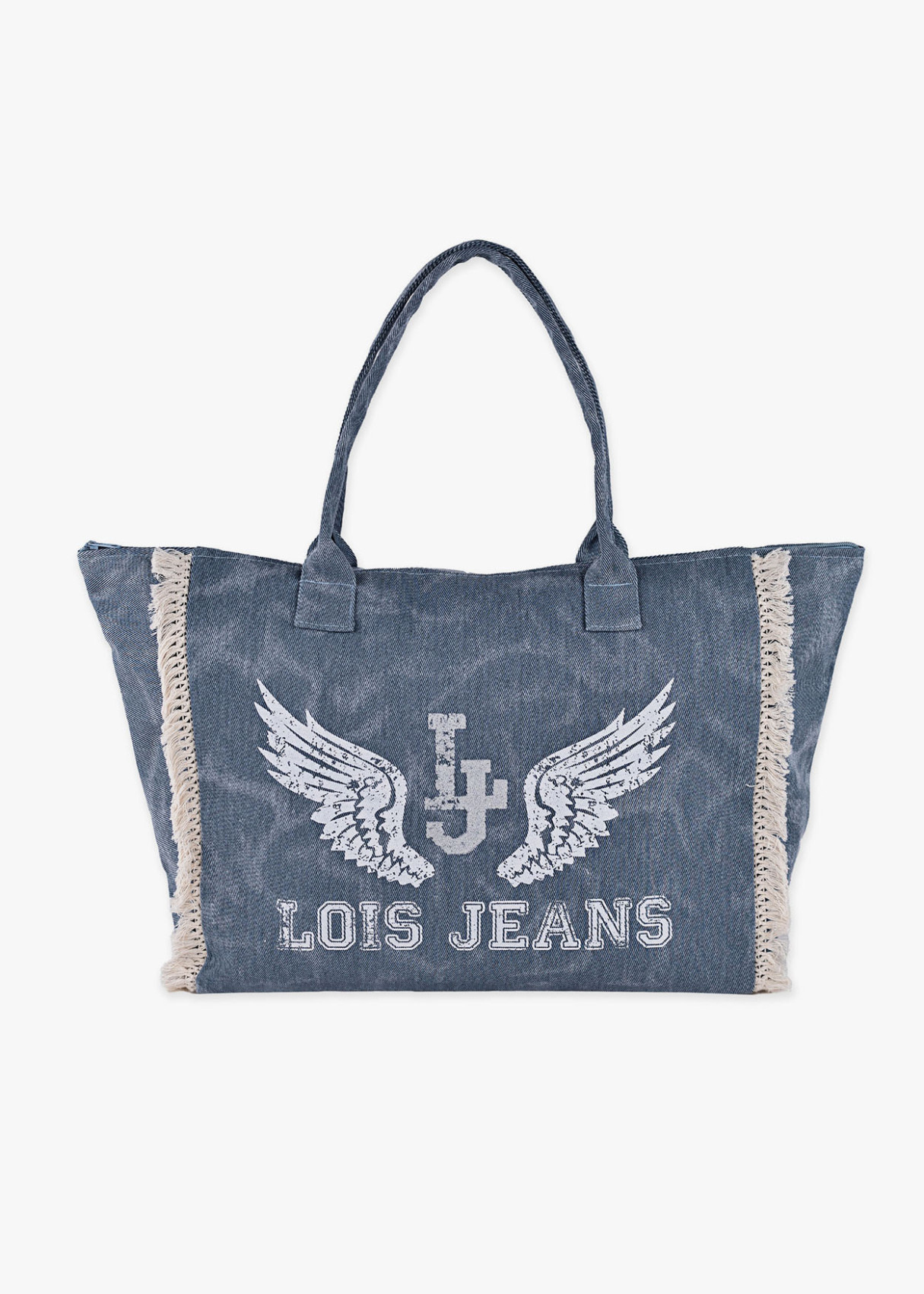 Bolso playa detalle flecos con alas ángel azul
