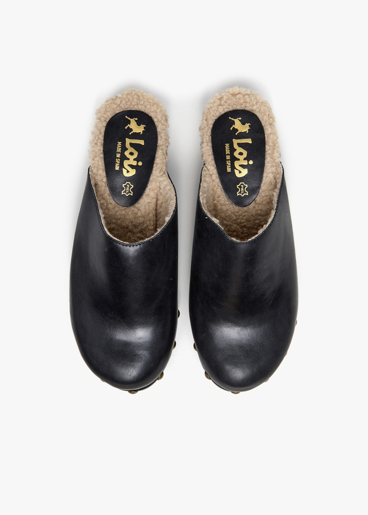 Zuecos de piel con imitación borreguillo negro