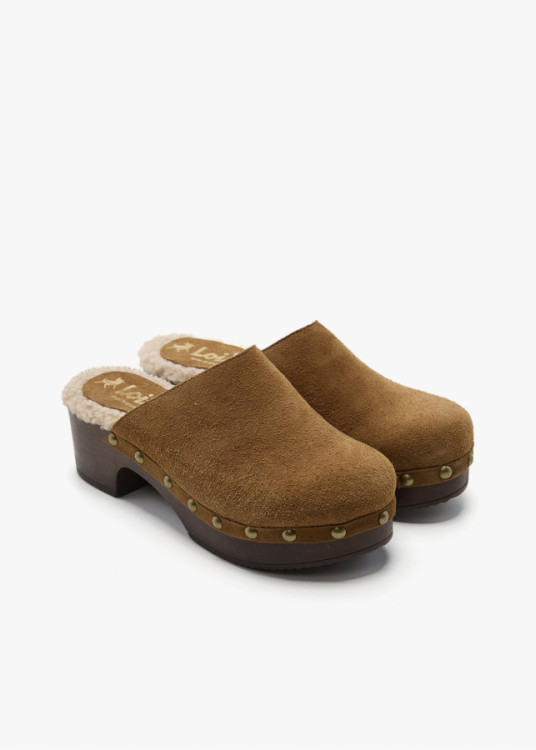 Zueco de piel ante con imitación borreguillo camel