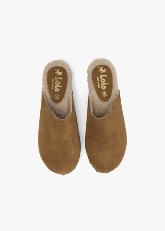 Zueco de piel ante con imitación borreguillo camel