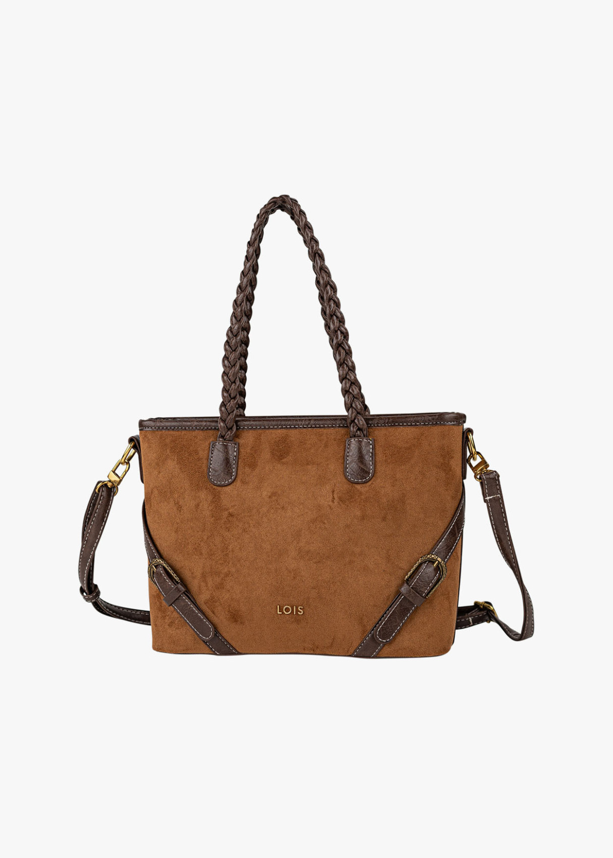 Bolso shopper ante bandolera extraíble bicolor marrón