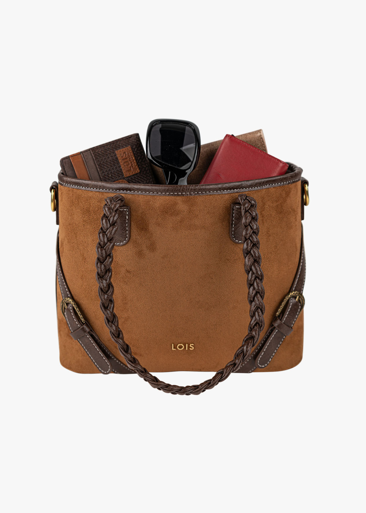 Bolso shopper ante bandolera extraíble bicolor marrón