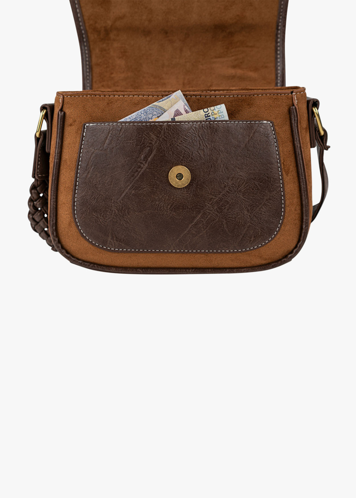 Bolso Bandolera estilo satchel bicolor marrón