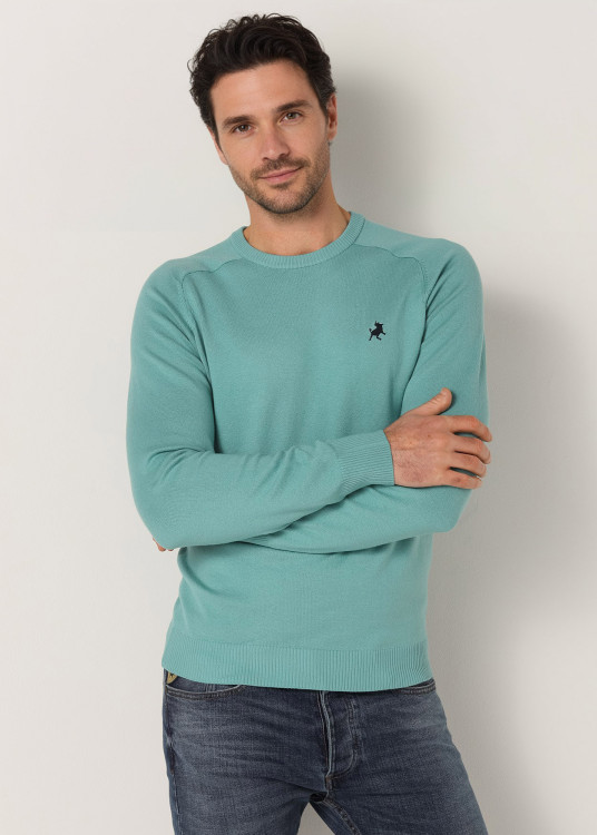 Jersey Básico De Punto Con Cuello Caja Bordado Toro azul turquesa