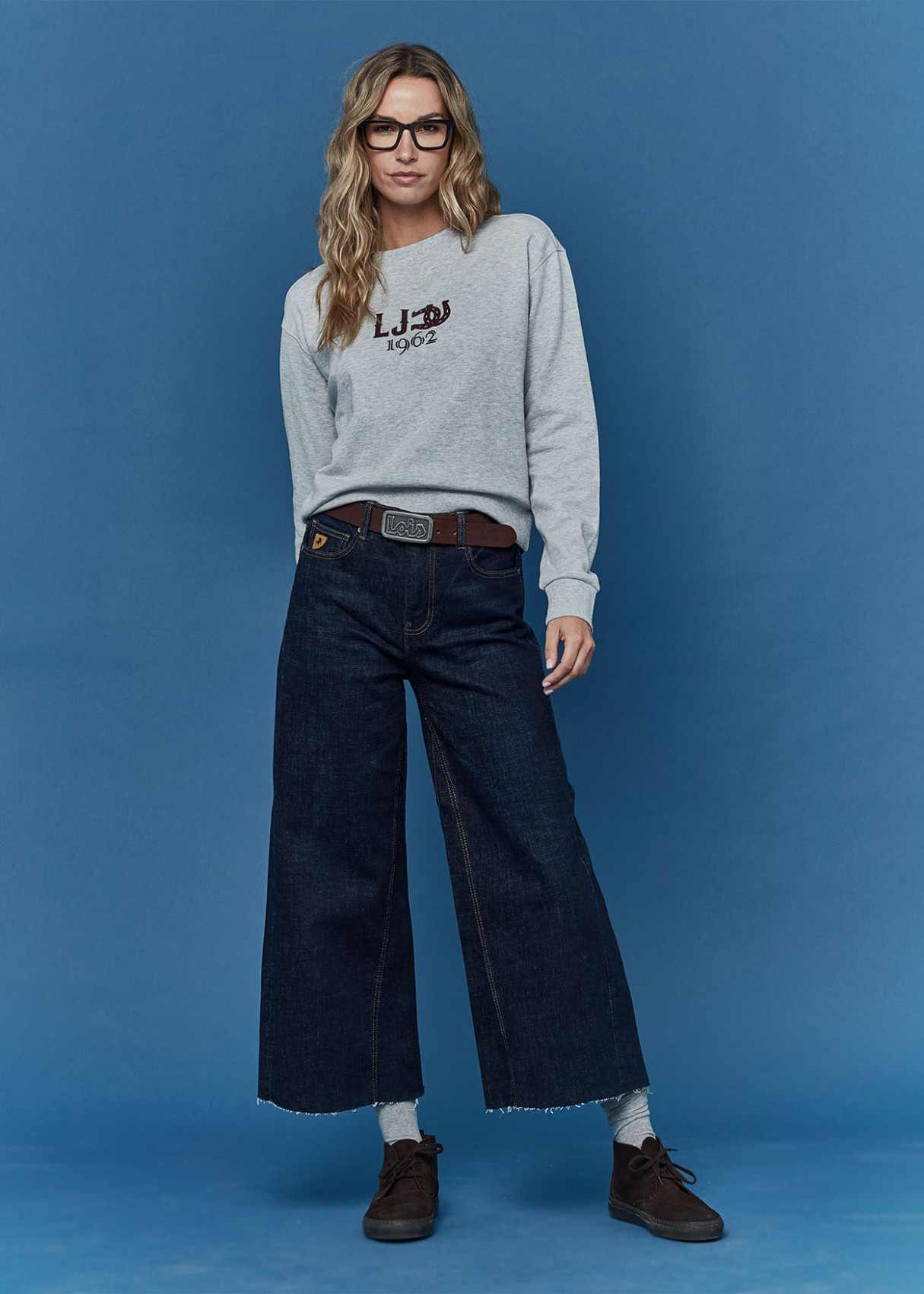 Jeans Straight Wide Leg Cross Stone Tiro Medio VALERIA MATTY Azul oscuro