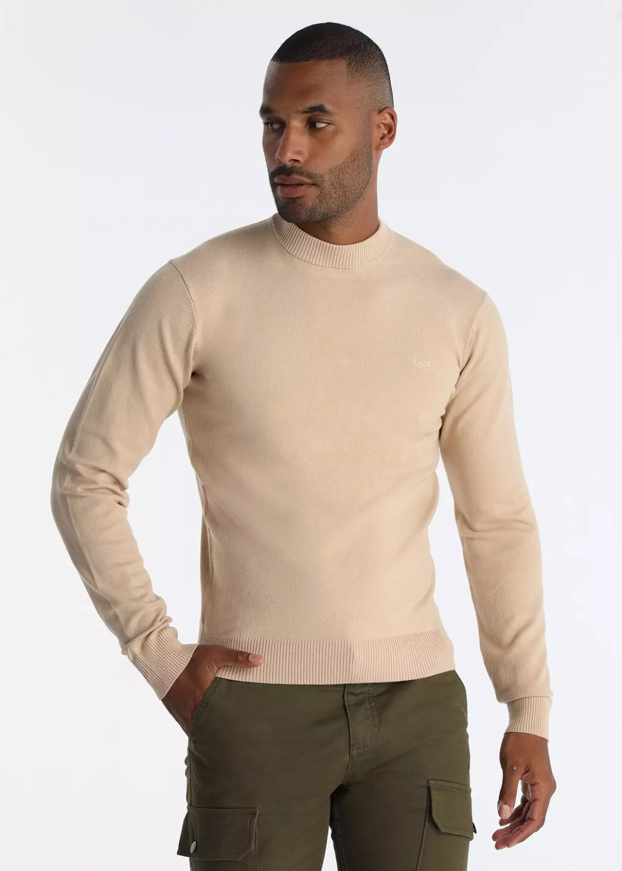 Jersey Básico Cuello Perkins De Punto Bordado beige