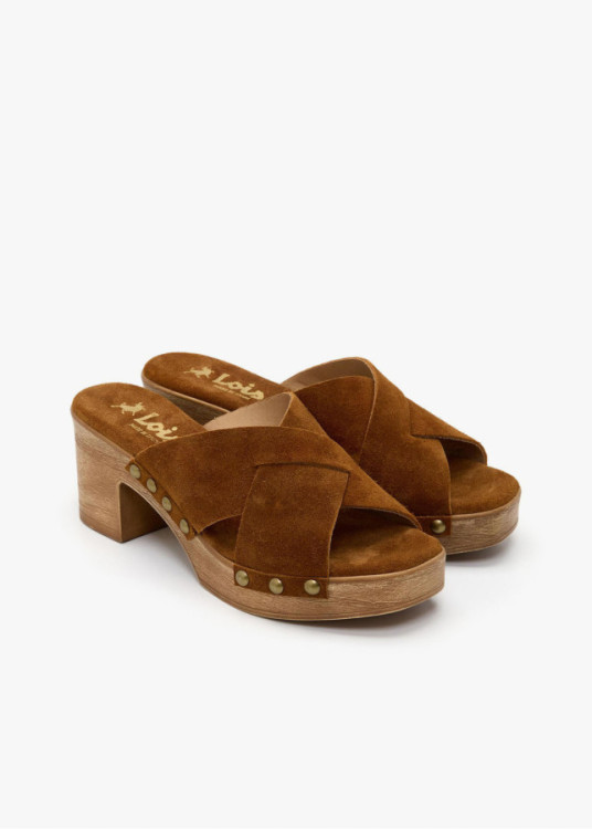 Sandalias tacón cruzada piel ante marrón