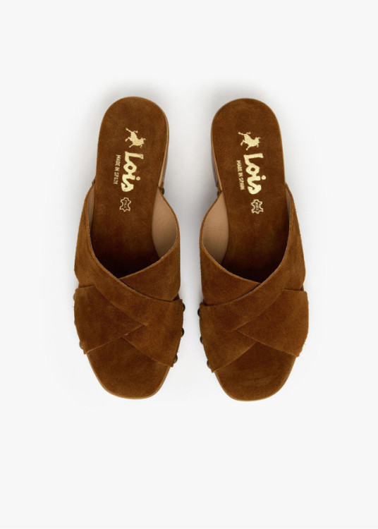 Sandalias tacón cruzada piel ante marrón