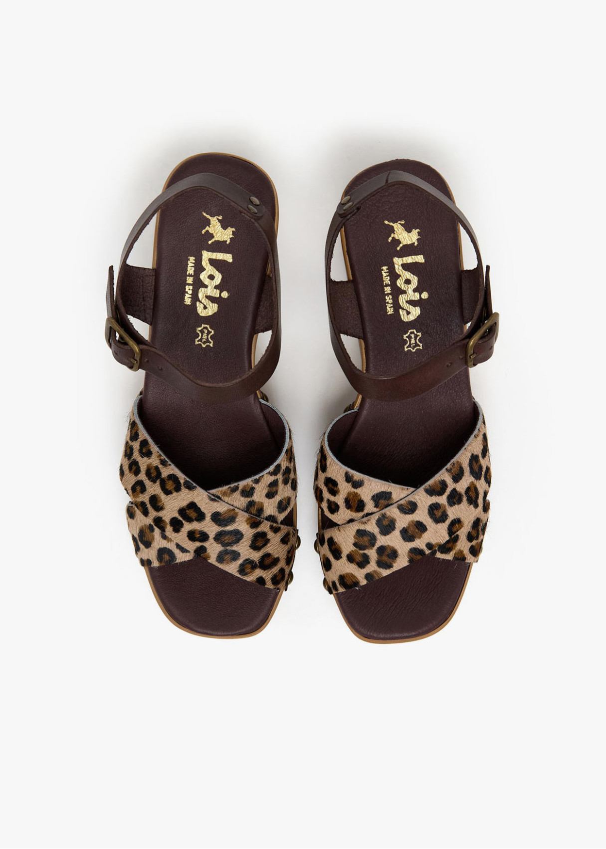 Sandalias de plataforma con piel vacuno estampado cierre hebilla marrón