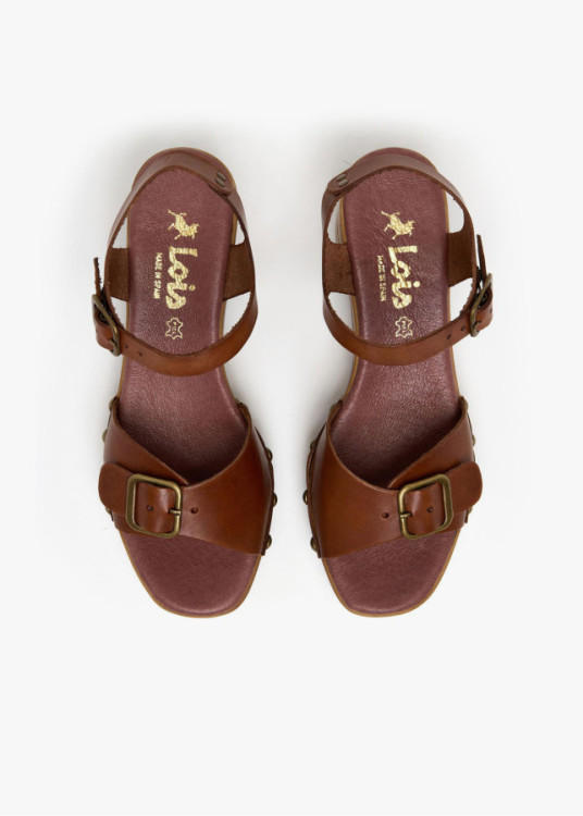 Sandalias tacón de piel vacuna doble hebilla marrón