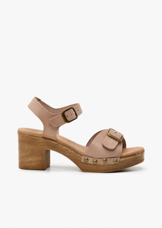 Sandalias tacón de piel vacuna doble hebilla beige