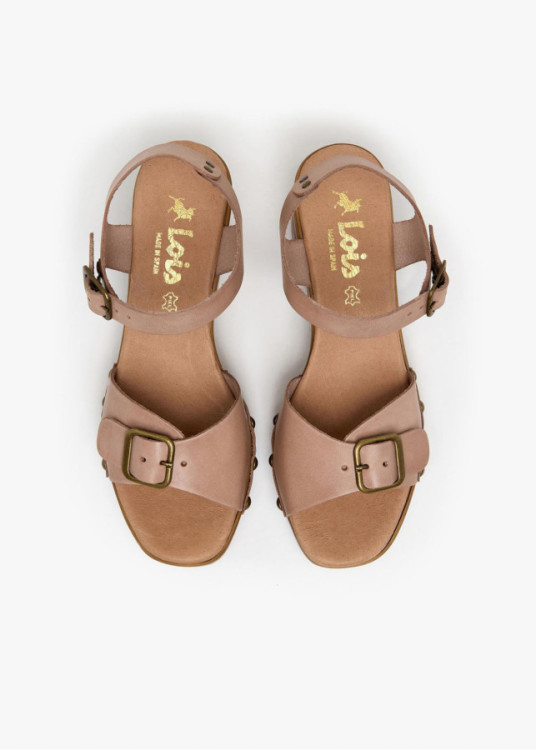 Sandalias tacón de piel vacuna doble hebilla beige