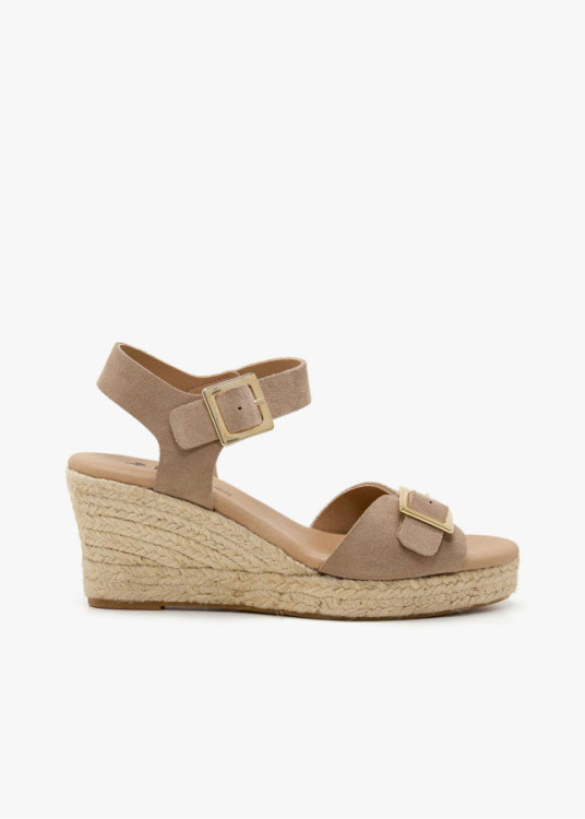 Sandalias cuña yute de piel doble hebilla beige