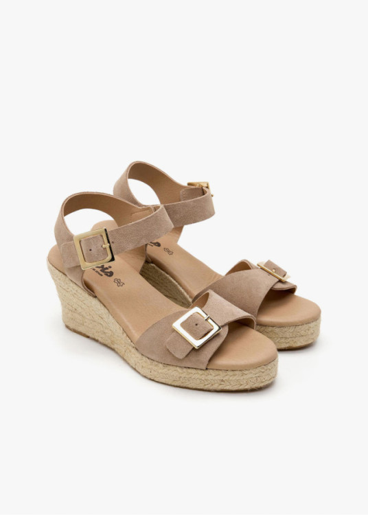 Sandalias cuña yute de piel doble hebilla beige