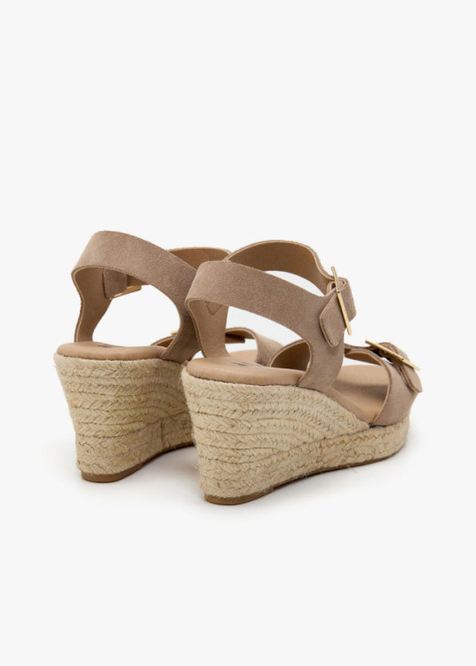 Sandalias cuña yute de piel doble hebilla beige