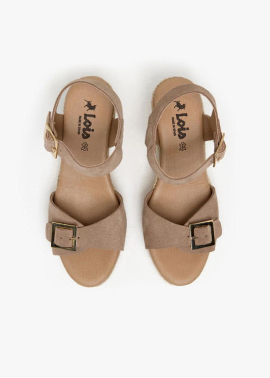 Sandalias cuña yute de piel doble hebilla beige