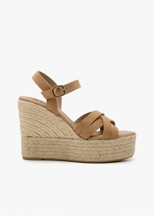 Sandalias cuña de piel y yute tiras cierre hebilla beige