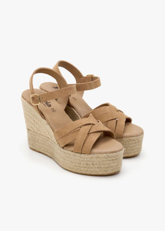 Sandalias cuña de piel y yute tiras cierre hebilla beige