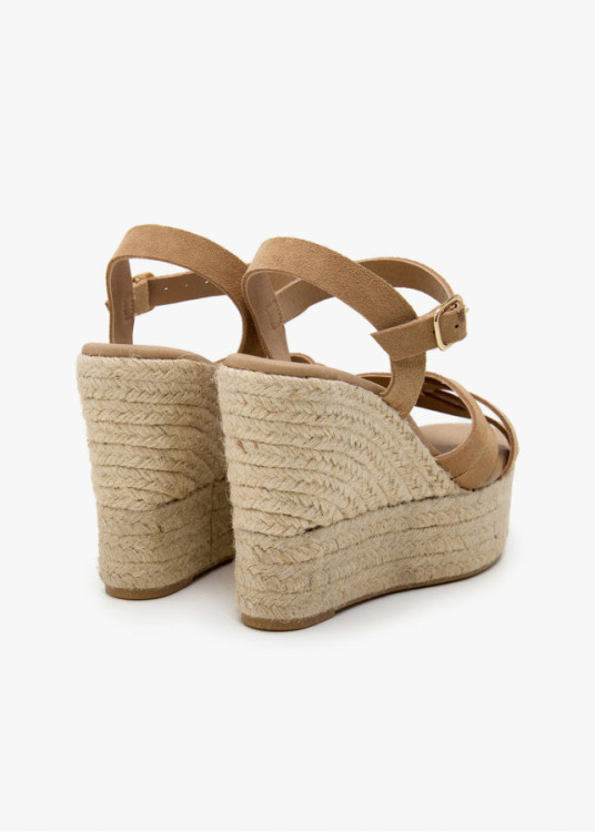 Sandalias cuña de piel y yute tiras cierre hebilla beige