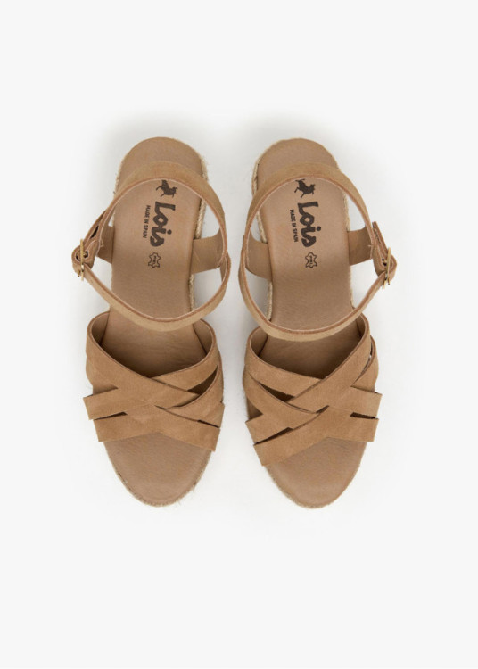 Sandalias cuña de piel y yute tiras cierre hebilla beige