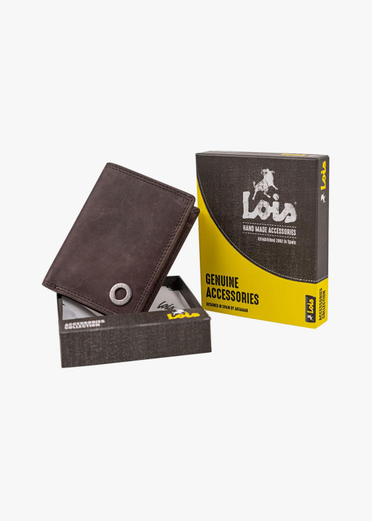 Cartera vertical de piel con tarjetero marrón