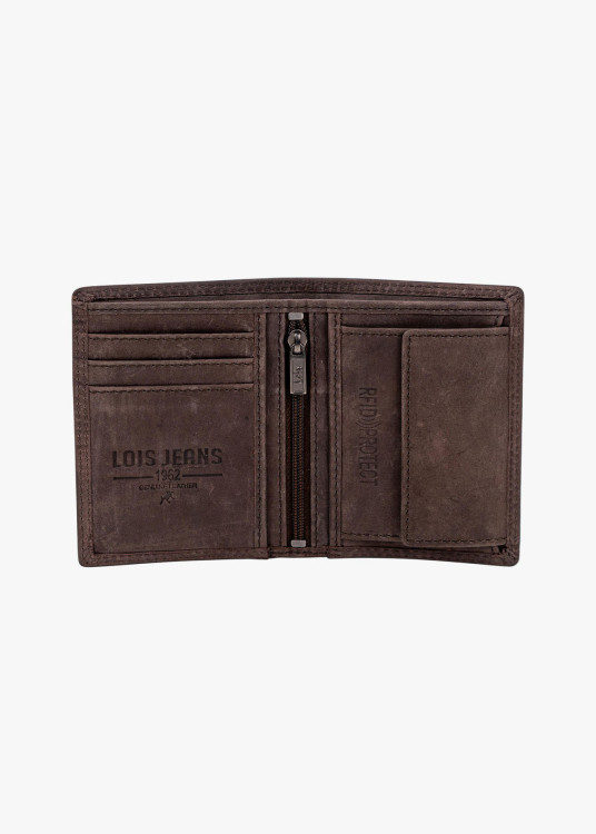 Cartera vertical de piel con tarjetero marrón