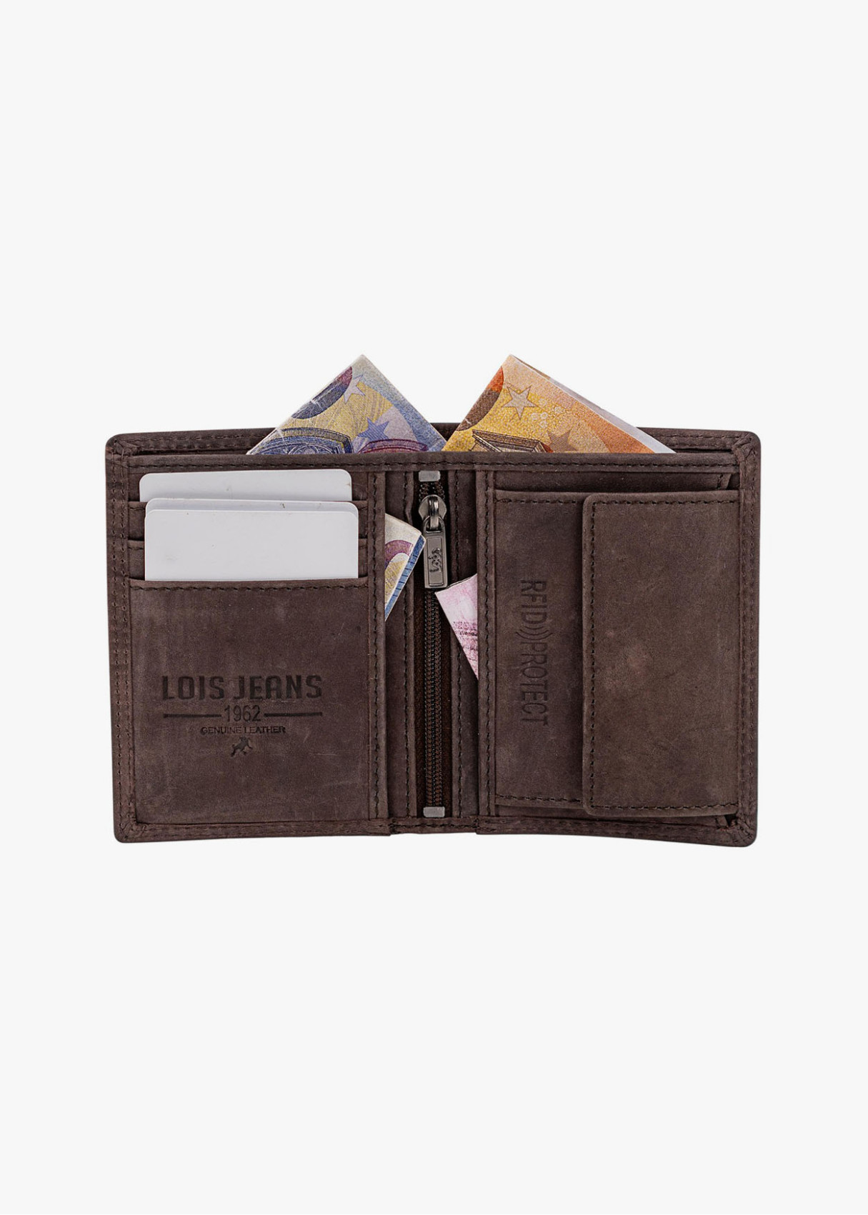 Cartera vertical de piel con tarjetero marrón