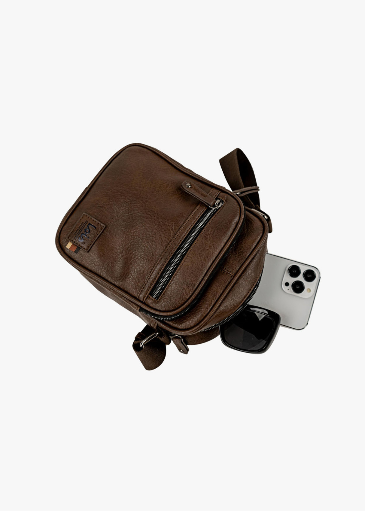 Bolso bandolera efecto piel múltiples bolsillos marrón