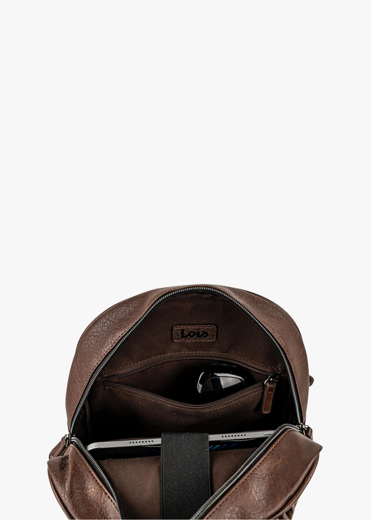 Mochila clásica efecto piel bolsillo frontal marrón