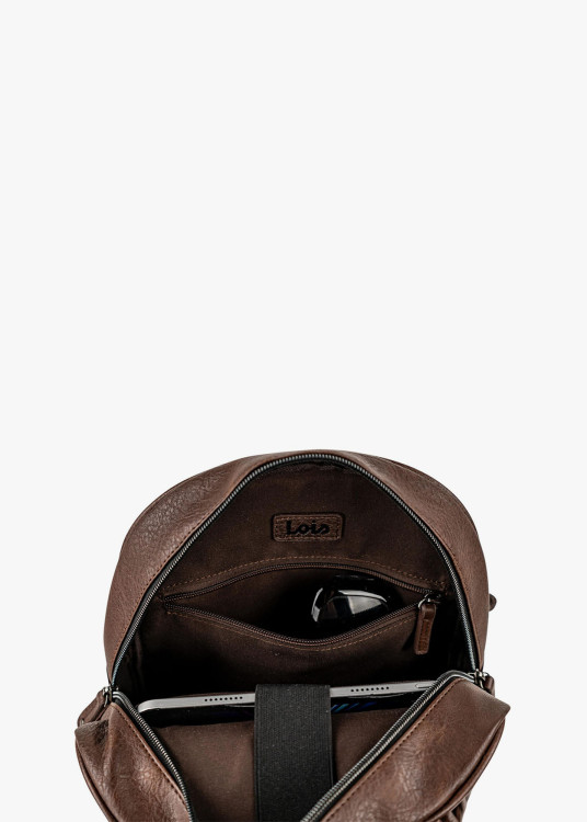 Mochila clásica efecto piel bolsillo frontal marrón