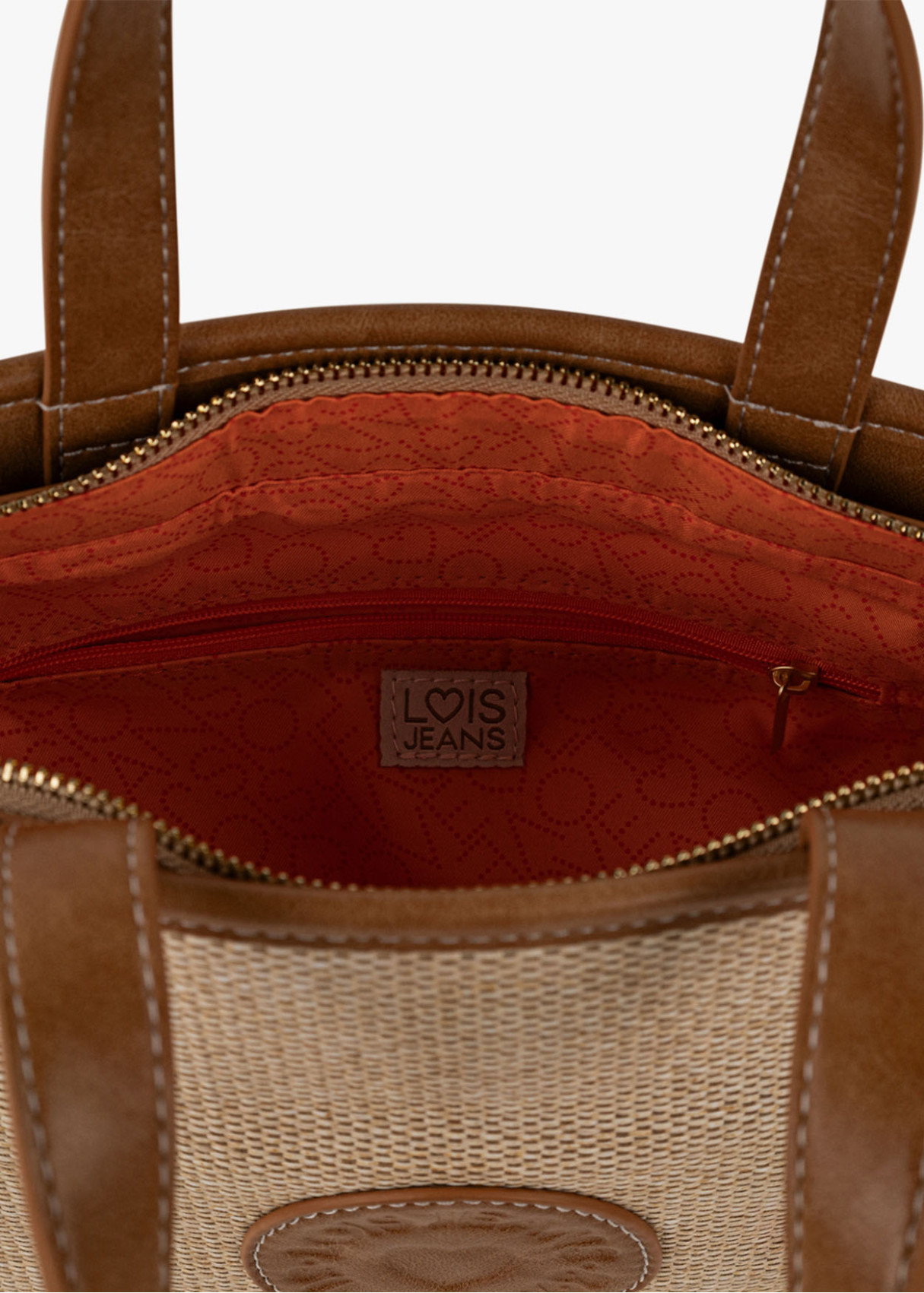 Bolso shopper rafia detalles en contraste y llavero corazón marrón