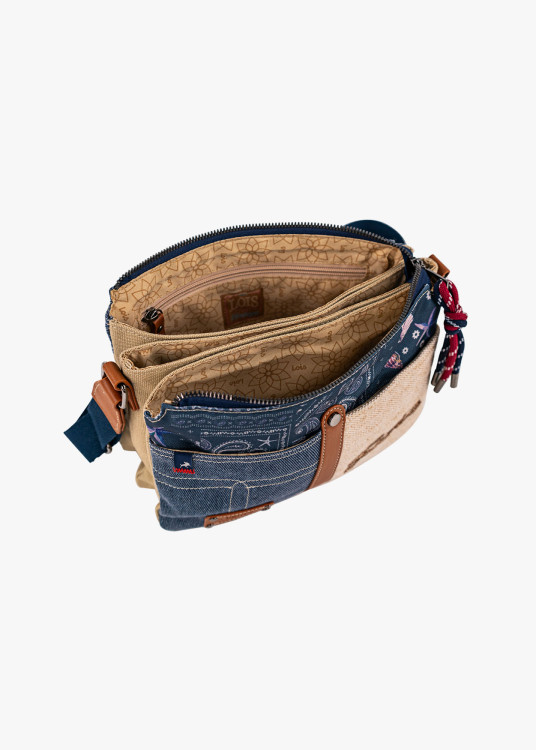 Bolso Bandolera triple compartimento combinación estampados azul