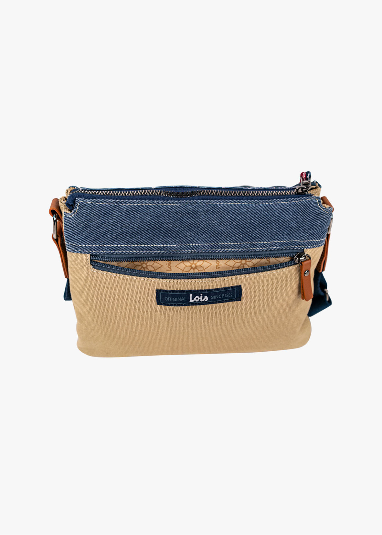 Bolso Bandolera triple compartimento combinación estampados azul