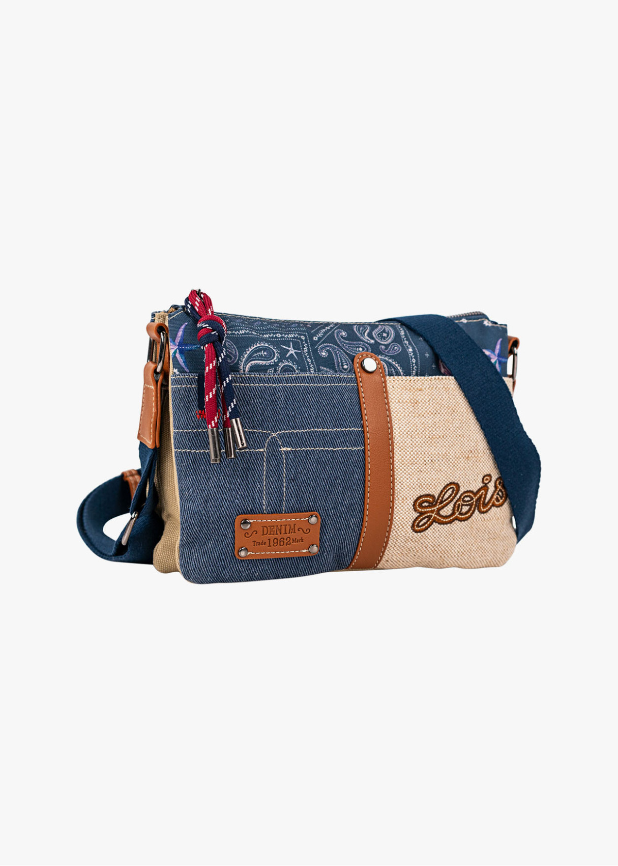 Bolso Bandolera triple compartimento combinación estampados azul