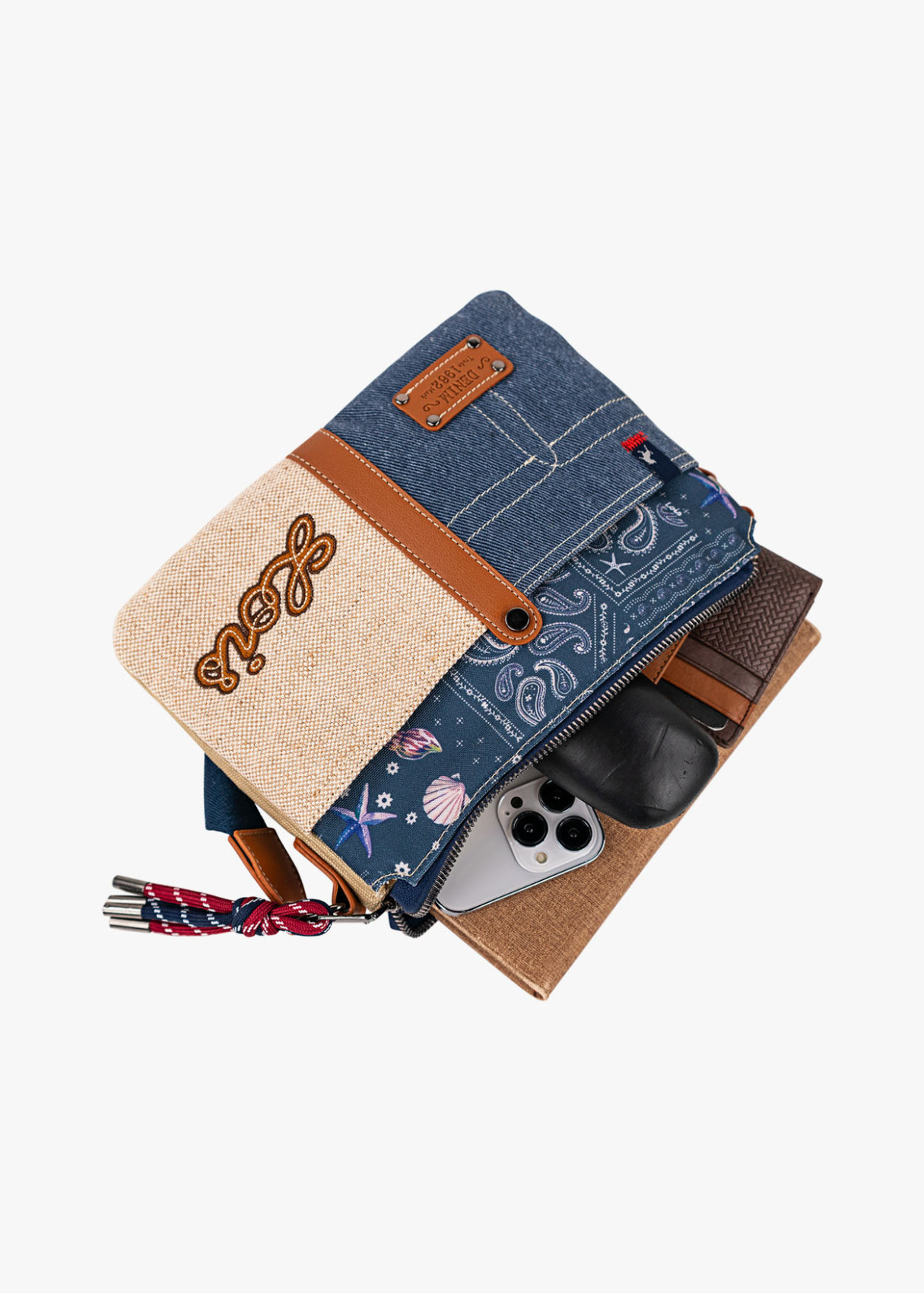 Bolso Bandolera triple compartimento combinación estampados azul