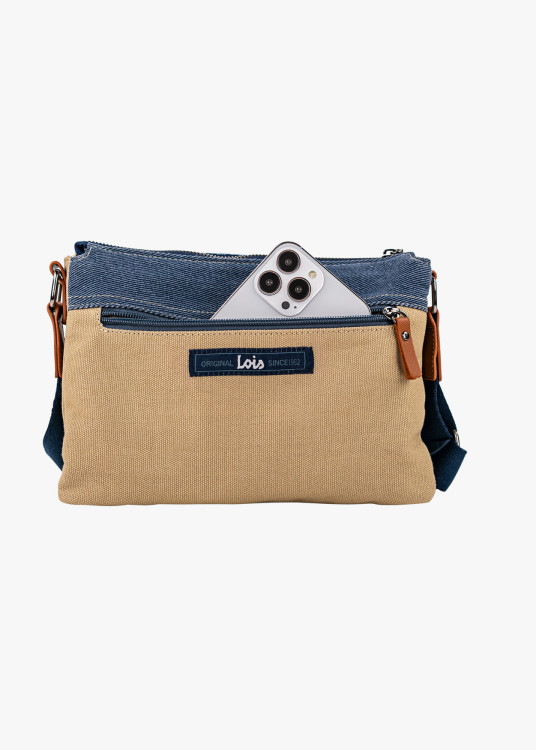 Bolso Bandolera triple compartimento combinación estampados azul