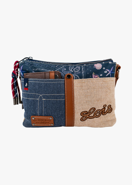 Bolso Bandolera triple compartimento combinación estampados azul