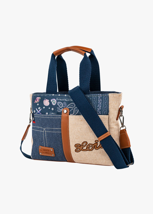 Bolso shopper combinado estampados doble asa bandolera ajustable azul