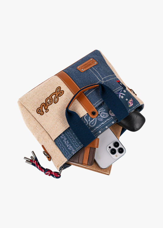 Bolso shopper combinado estampados doble asa bandolera ajustable azul