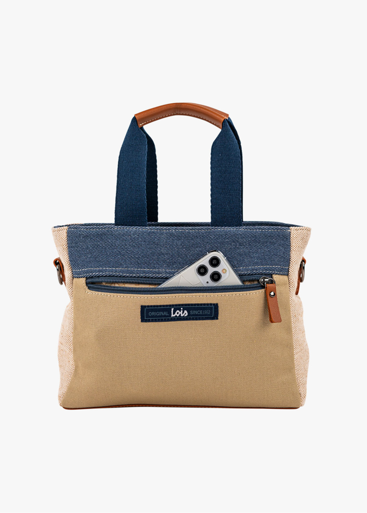 Bolso shopper combinado estampados doble asa bandolera ajustable azul