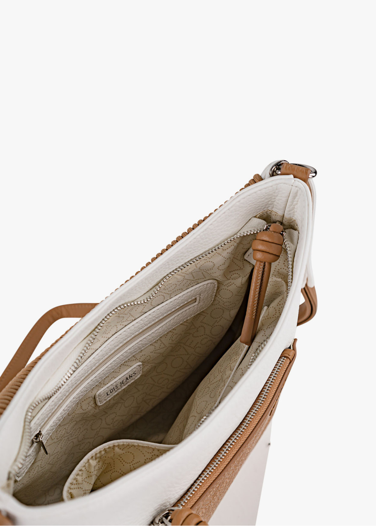 Bolso shopper bicolor asa superior trenzada con bandolera ajustable marrón