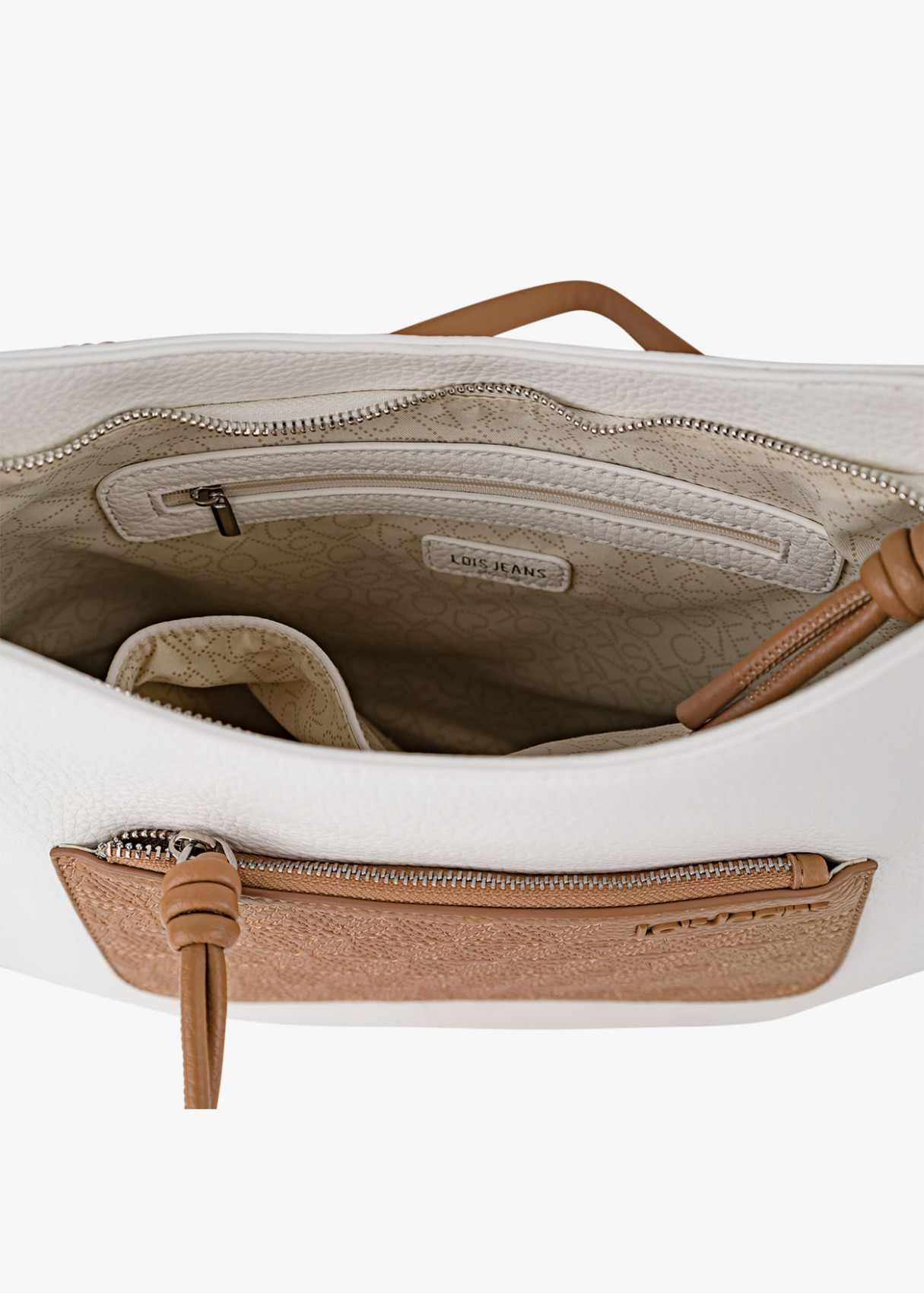 Bolso shopper bicolor asa superior trenzada con bandolera ajustable marrón
