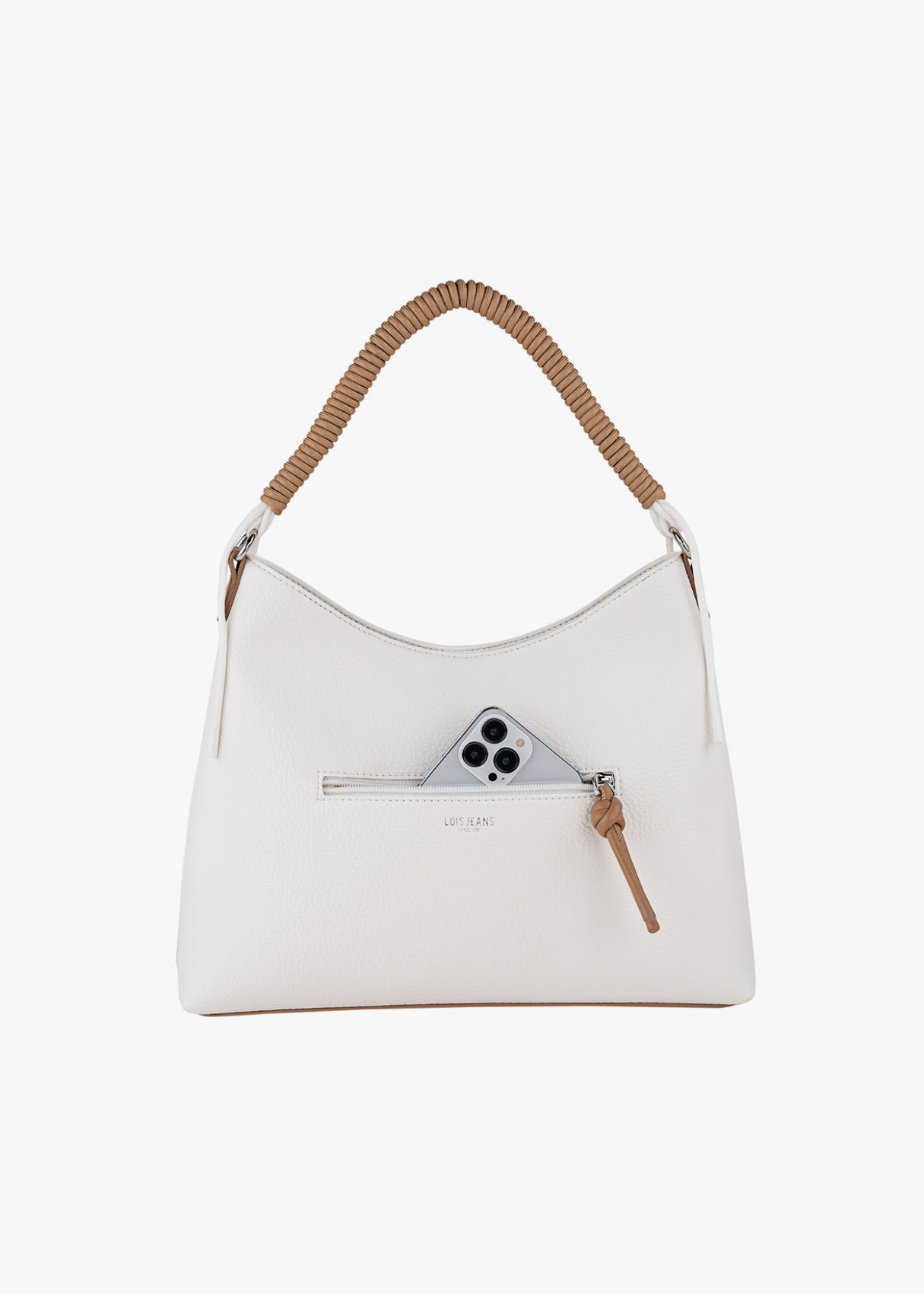 Bolso shopper bicolor asa superior trenzada con bandolera ajustable marrón