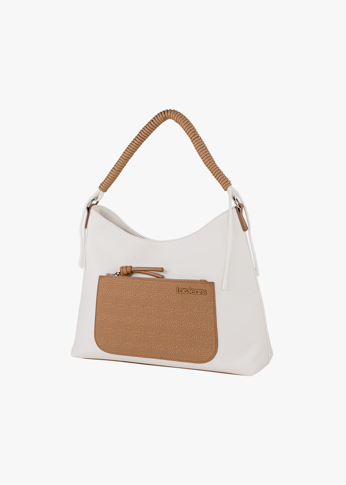 Bolso shopper bicolor asa superior trenzada con bandolera ajustable marrón