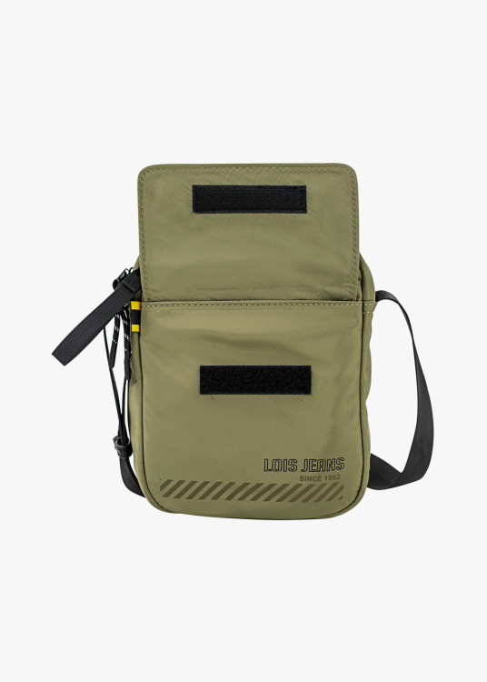 Bandolera pequeña bolsillo frontal y malla trasera caqui