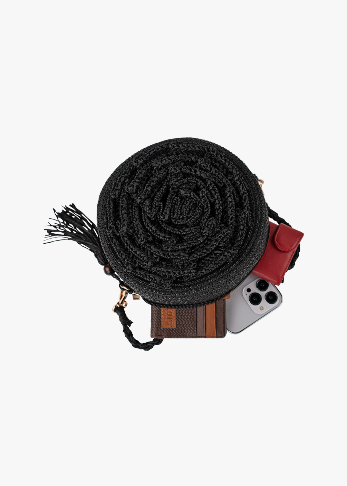 Bandolera redonda con textura trenzada detalle borla lateral negro