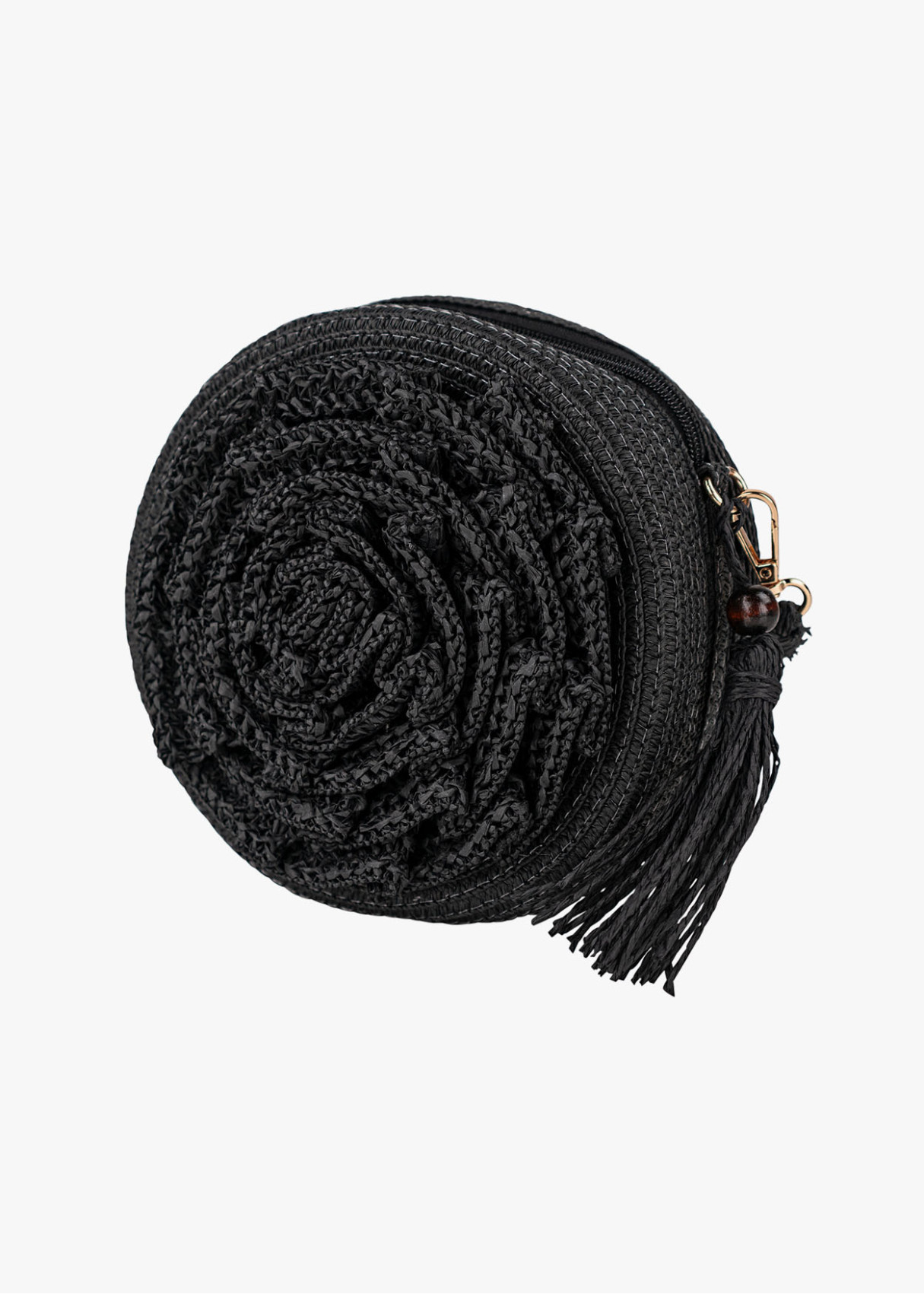 Bandolera redonda con textura trenzada detalle borla lateral negro